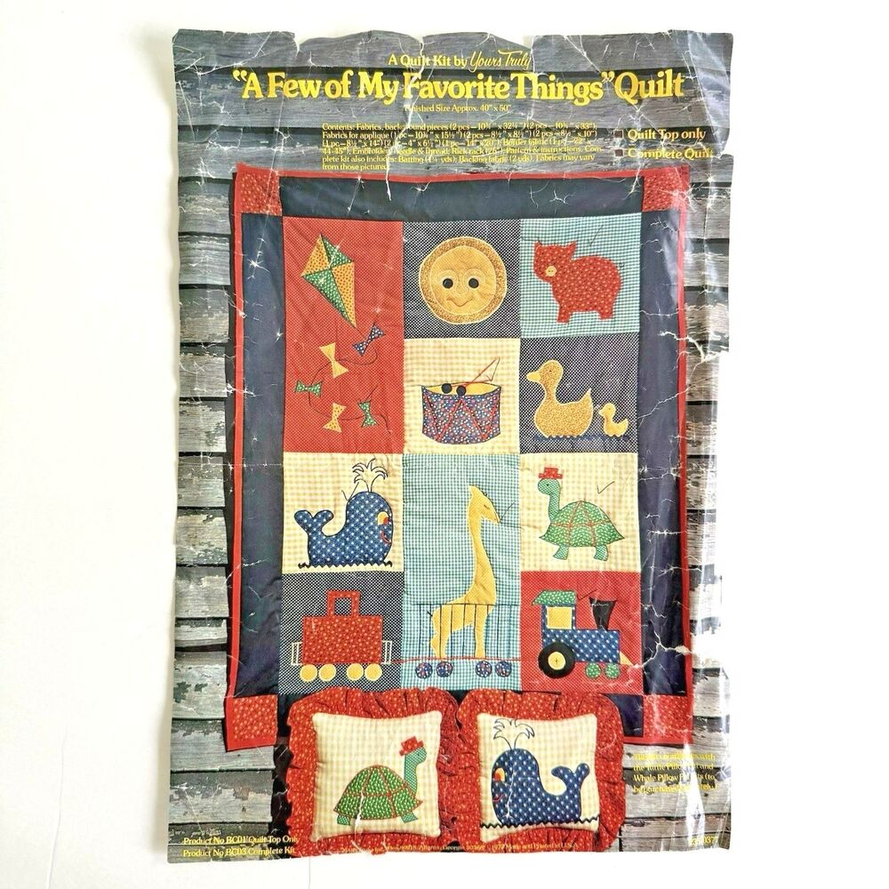 Vtg 70s Baby Quilt Top Kit w Fabric FAVORITE THINGS Nursery Wall Hanging 40x50"